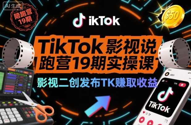 TikTok影视解说陪跑营19期实操课，影视二创发布TK賺取收益，万播收益50美金（更新）-华夏圈