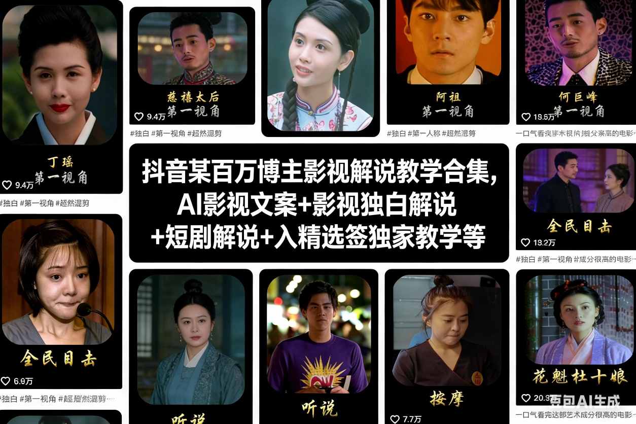 抖音某百万博主影视解说教学合集，AI影视文案+影视独白解说+短剧解说+入精选签独家教学等-华夏圈