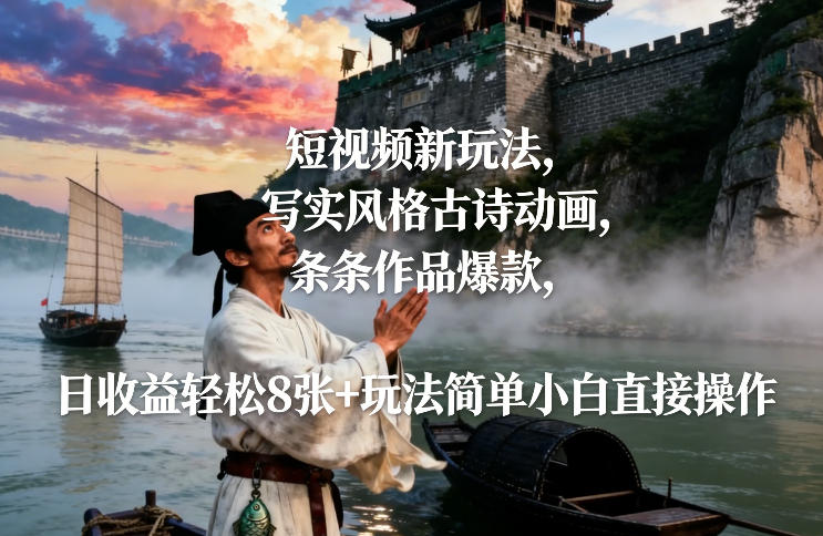 短视频新玩法，写实风格古诗动画，条条作品爆款，日收益轻松8张+玩法简单小白直接操作-华夏圈