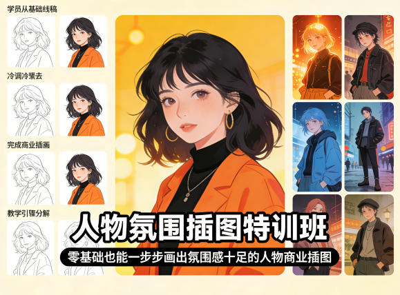 人物氛围插图特训班，零基础也能一步步画出氛围感十足的人物商业插图-华夏圈