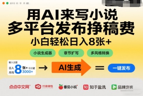 用AI来写小说，多平台发布挣稿费，小白轻松日入8张+，长期稳定项目-华夏圈