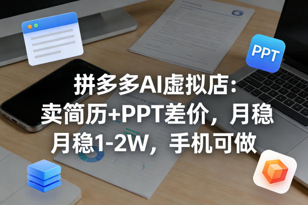 【暴力项目】拼多多AI虚拟店：卖简历+PPT差价，月稳1-2W，手机可做-华夏圈