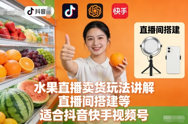 水果直播卖货玩法讲解、直播间搭建等，适合抖音快手视频号-华夏圈