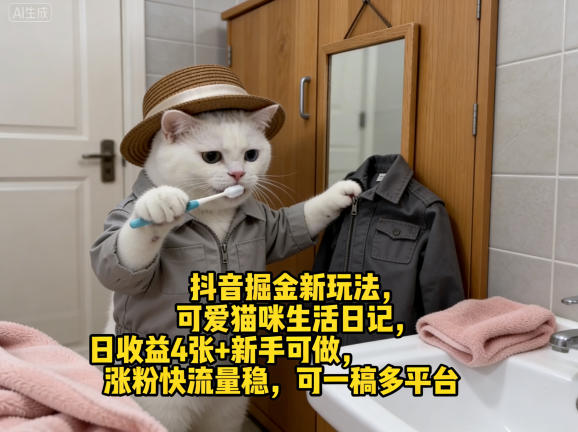 抖音掘金新玩法，可爱猫咪生活日记，日收益4张+新手可做，涨粉快流量稳，可一稿多平台-华夏圈