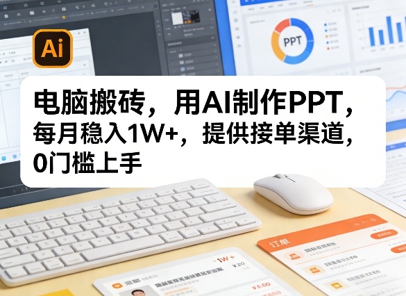 电脑搬砖，用AI制作PPT，每月稳入1W+，提供接单渠道，0门槛上手！-华夏圈