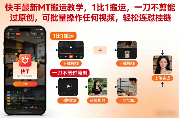 快手最新MT搬运教学，1比1搬运，一刀不剪能过原创，可批量操作任何视频，轻松连怼挂链-华夏圈