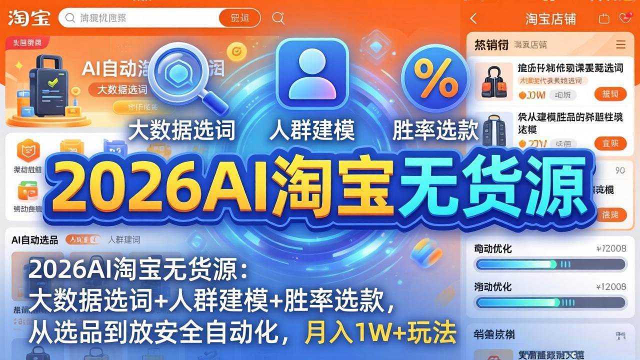 （17812期）2026AI淘宝无货源：大数据选词+人群建模+胜率选款，从选品到放大全自动化，月入1W+玩法-华夏圈