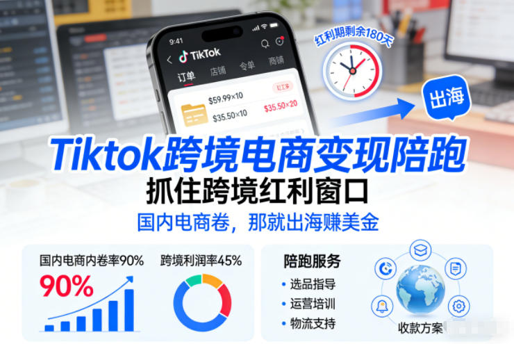 Tiktok跨境电商变现陪跑，抓住跨境红利窗口，国内电商卷，那就出海賺美金-华夏圈
