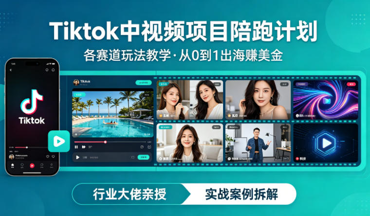 某大佬的Tiktok中视频项目陪跑，涵盖TK各个赛道玩法教学，从0到1出海賺美金-华夏圈