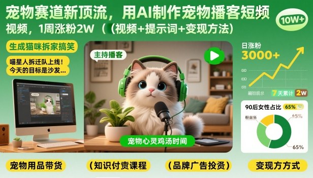 宠物赛道新顶流，用AI制作宠物播客短视频，1周涨粉2W（视频+提示词+变现方法）-华夏圈