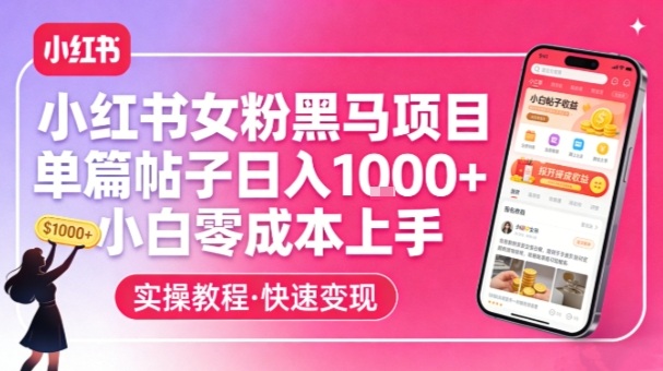 小红书女粉黑马项目，单篇帖子日入1k+，小白零成本上手-华夏圈