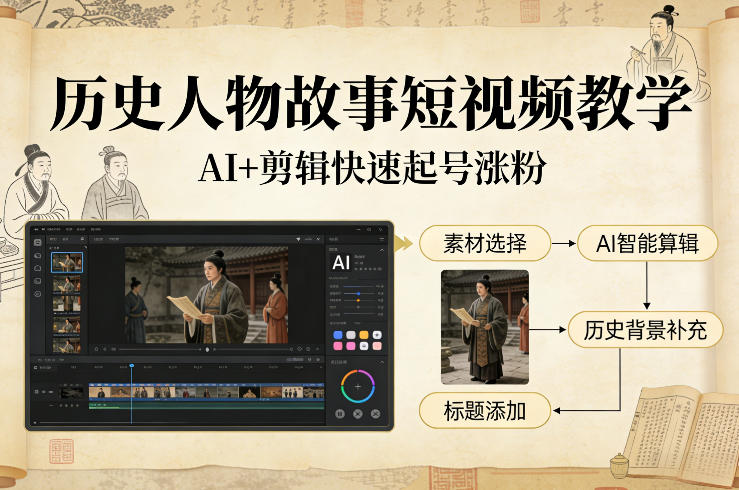 历史人物故事短视频教学，AI+剪辑制作历史人物题材短视频，快速起号涨粉-华夏圈