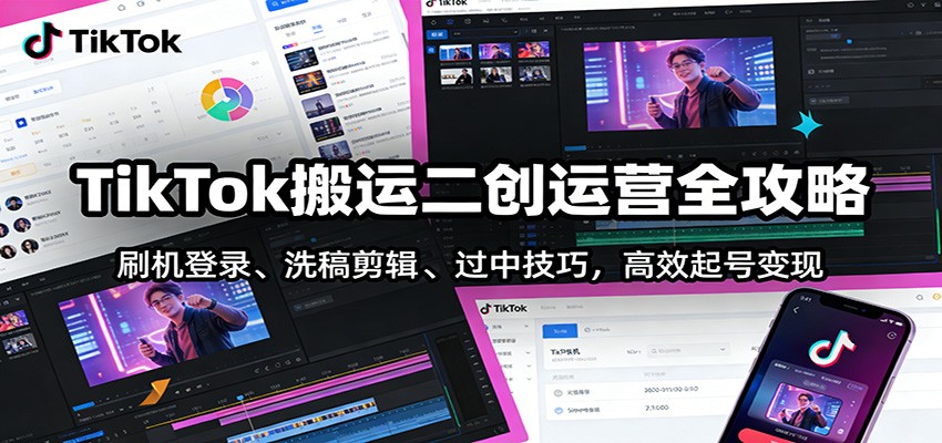 TikTok搬运二创运营全攻略：刷机登录、洗稿剪辑 、过中技巧，高效起号变现-华夏圈