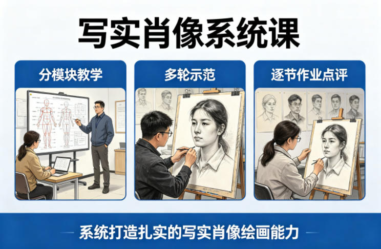 写实肖像系统课，全程分模块教学+多轮示范+逐节作业点评，系统打造扎实的写实肖像绘画能力-华夏圈