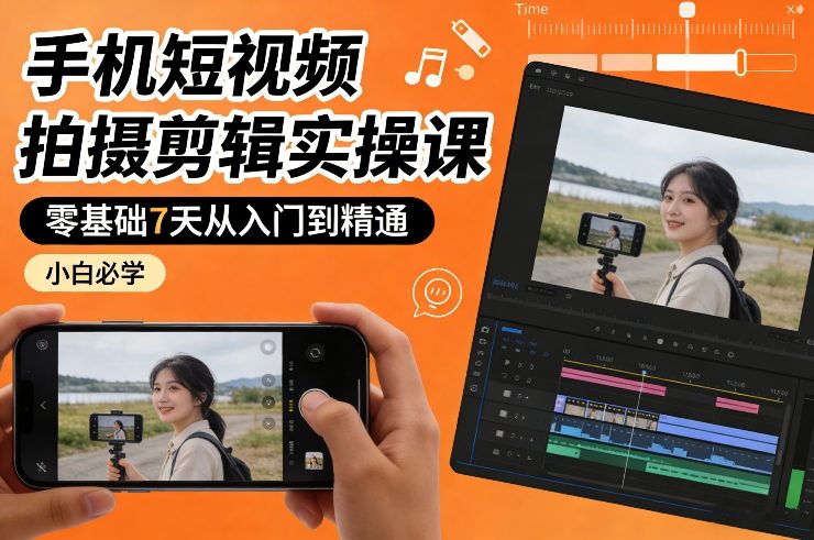 手机短视频拍摄剪辑实操课，零基础7天从入门到精通，小白必学-华夏圈