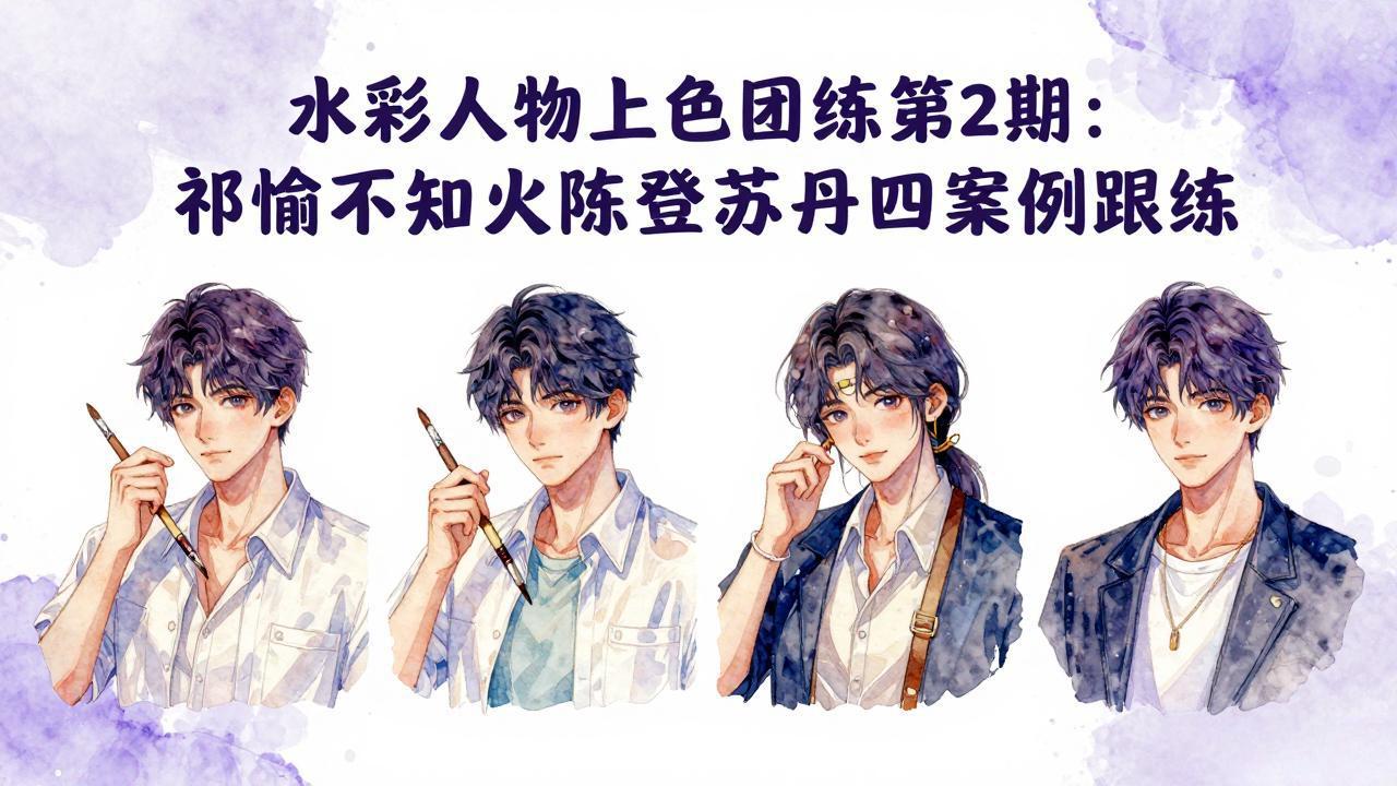 水彩人物上色团练第2期：祁煜不知火陈登苏丹四案例跟练，手把手提升绘画能力-华夏圈
