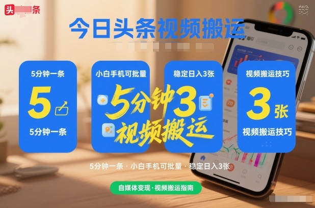 今日头条视频搬运，5分钟一条，小白手机可批量，稳定日入3张-华夏圈
