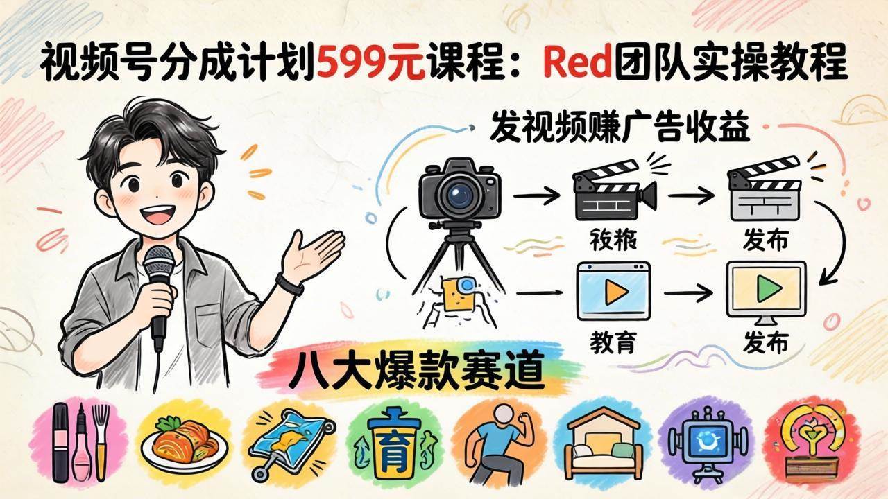（18088期）视频号分成计划599元课程：Red团队实操教程，发视频赚广告收益，八大爆款赛道全掌握-华夏圈