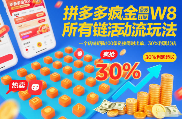 拼多多疯狂活动流玩法，所有链接全部打标，一个店铺矩阵100条链接同时出单，30%利润起店-华夏圈