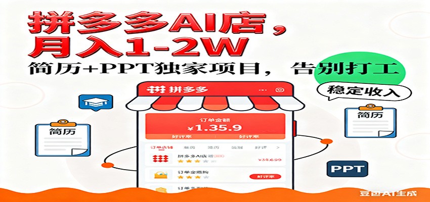 【独家】拼多多虚拟店，AI简历+PPT，单店月稳定1-2W，未来AI服务风口项目！-华夏圈