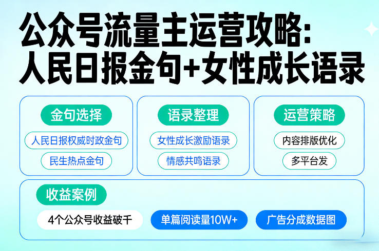 利用人民日报金句+女性成长语录做公众号流量主，4个公众号收益破千-华夏圈