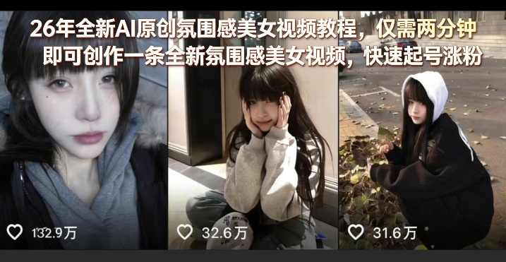 26年全新AI原创氛围感美女视频教程，仅需两分钟即可创作一条全新氛围感美女视频，快速起号涨粉-华夏圈
