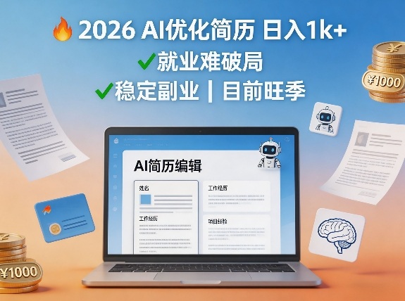2026用AI优化简历日入1k+就业难，目前旺季，稳定副业-华夏圈