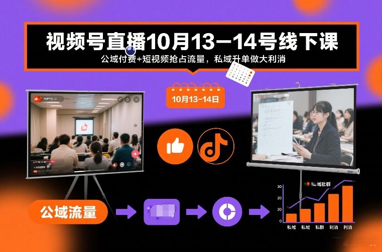视频号直播10月13-14号线下课，公域付费+短视频抢占流量，私域升单做大利消-华夏圈