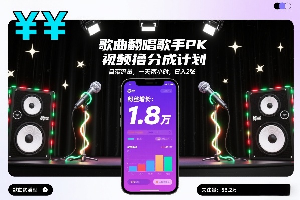 歌曲翻唱歌手PK视频撸分成计划，自带流量，一天两小时，日入2张-华夏圈